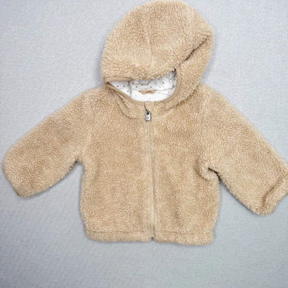 Baby Gap Sherpa Fuzzy Hooded Jacket Tan Hoodie Size 12-18‎ Months